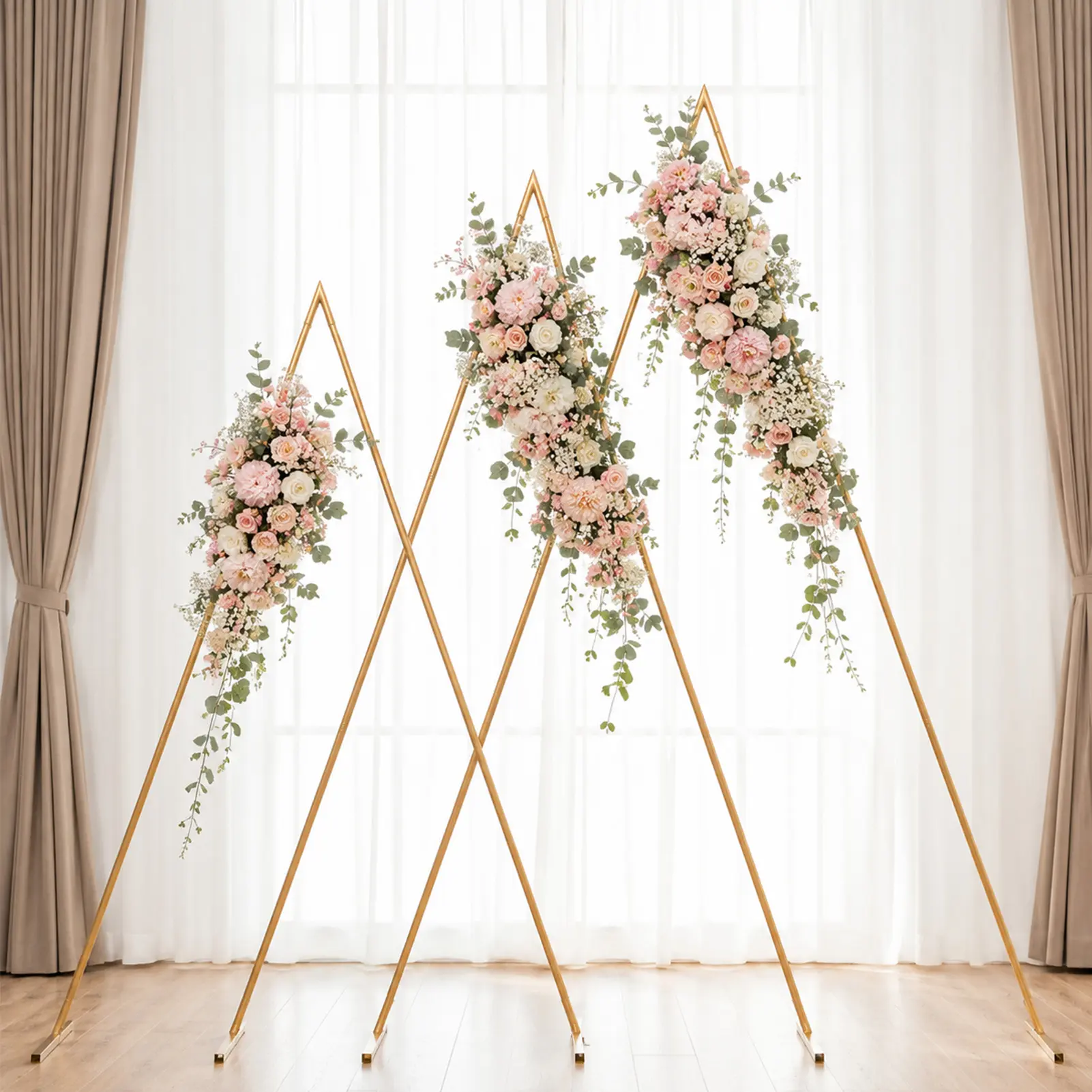 Arch Backdrop Stand, 6.2FT, 7FT, 8.4FT Set of 3 Golden Metal Arch Backdrop Stand, Triangle Flower Stand Arch Frame for Wedding Ceremony Baby Shower Birthday Party Balloon Arch Decoration, Party Decor, Modern