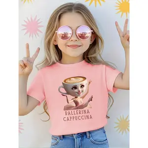 Girls' Ballerina Cappuccino Graphic Short Sleeve T-Shirt - Soft Pink Playful Coffee Cup Design, Lightweight Knit Round Neck Top for Spring Summer Fall, Machine Washable Casual Comfort, Seasonal Youngsters Clothing, Playful Design Tee