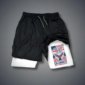 USA 250th Anniversary 80s 90s Double-Layer Sports Shorts Graphic Shorts Black Camo Streetwear Shorts Men Outfits Men Vacation Outfits Shorts