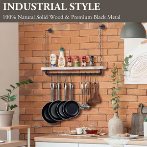 Ceiling Mounted Pot Rack with Industrial Matte Black Metal Pipe and Whitewashed Wood, Hanging Pots and Pan Organizer