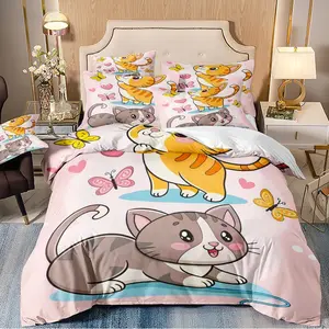 3-piece duvet cover set with two cartoon cat designs, 3D digital printing, suitable for bedroom and guest room home décor (1 duvet cover, 2 pillowcases, duvet insert not included). Machine washable, zippered design.