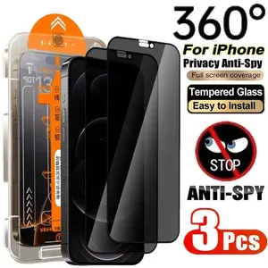 3Pcs 360°Privacy Tempered Glass For iPhone 17 16 15 14 13 12 11 Pro Max Plus Anti-spy Screen Protector with Easy install Tool