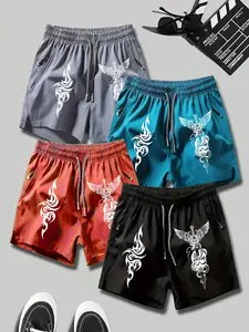 4 Pcs Men's Skull Snake Print Shorts, Drawstring Waist, Zip Pocket, Breathable Lightweight, Sporty Casual for Gym Outdoor Beach Home
