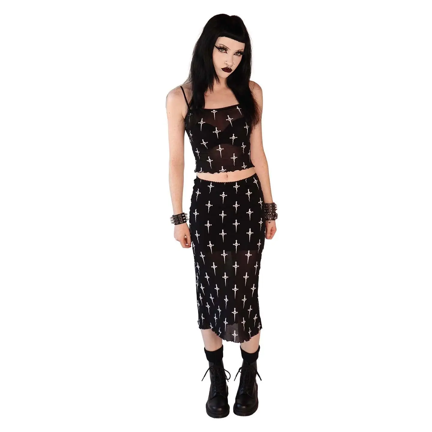 Dagger Print Mesh Midi Skirt
