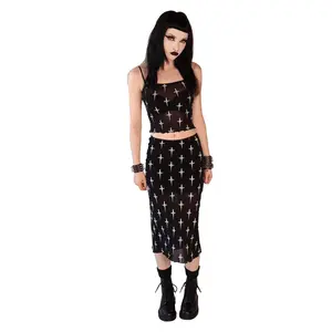 Dagger Print Mesh Midi Skirt