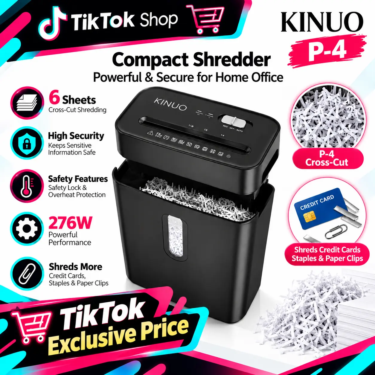 KINUO P-4 High Security Paper Shredder for Home Office, 6-Sheet Cross-Cut Shredder for Credit Cards, Staples & Paper Clips, Heavy Duty Shredder with Safety Lock & Overheat Protection