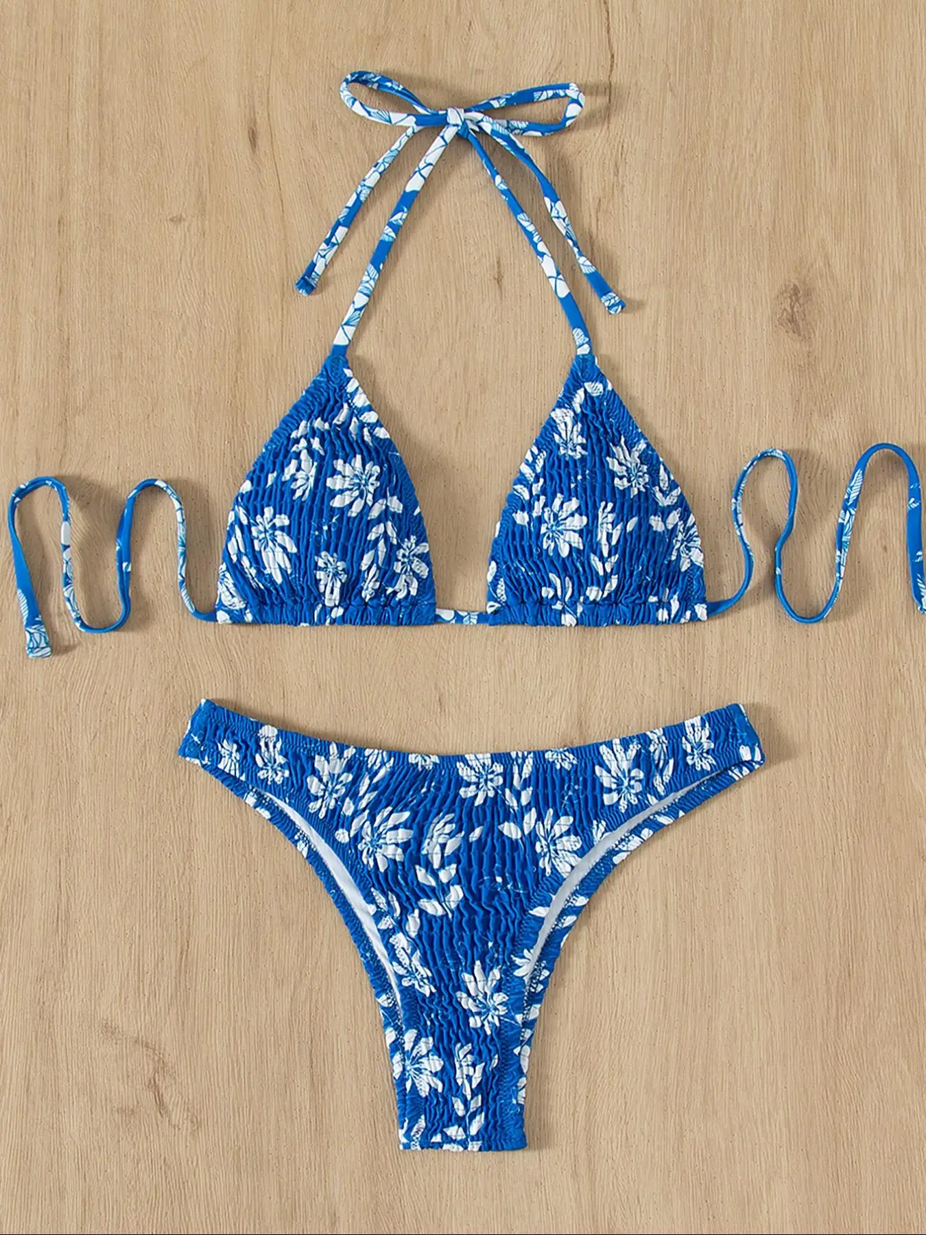 Two-Piece Set Women's Sexy Plants Print Tie Back Shirred Frankies Bikini for Summer 2024, Summer Outfits, Triangle Halter Swim Top & High Cut Swim Bot