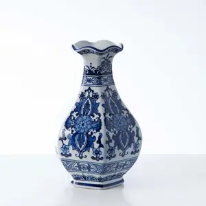 Blue & White Porcelain Chinoiserie Hexagonal Pear-Shaped Vase