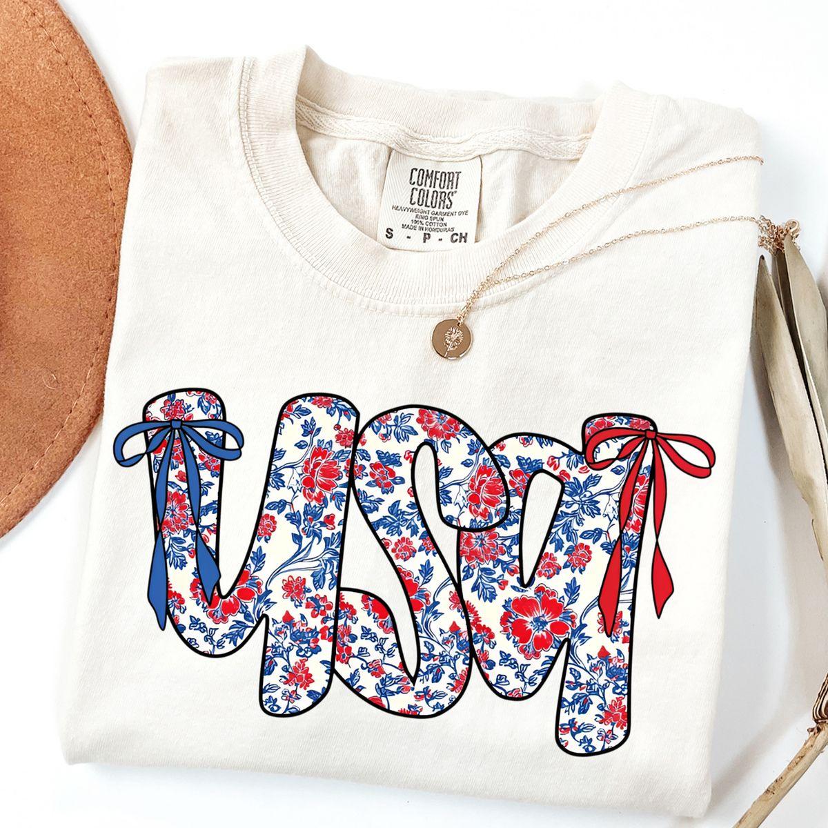 Comfort Colors Floral Coquette Usa Shirt Retro America T Shirt Patriotic 4th Of July Gift Apparel Made In The Usa