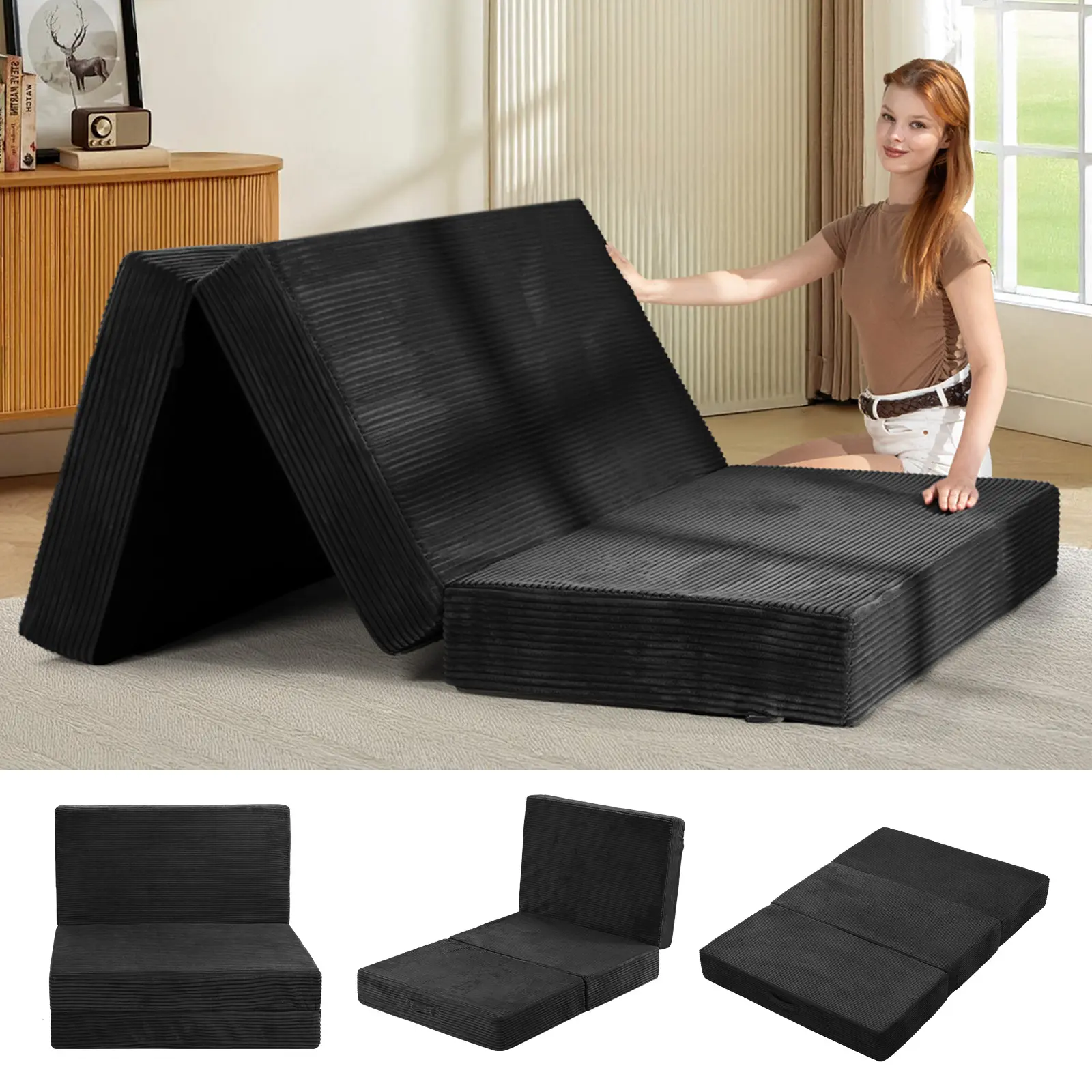 Winzoo 6-Inch Tri-Fold Mattress Foldable Futon Sofa Bed with Removable Washable Cover,Folding Memory Foam Futon Mattress Ottoman,Floor Lounger Bed