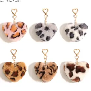 Faux-Fur Leopard Print Heart Keychain, Stylish Plush Heart-Shaped Pom-Pom Bag Charm for Bags, Cars - Small Sports & Outdoor Accessory Gift, Bag Charms