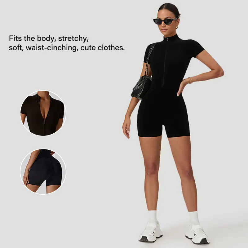 NVWA-Women's jumpsuit, zipper high elastic jumpsuit, comfortable, soft and breathable, abdominal elastic suitable for yoga fitness, sports jumpsuit Sculpted Impact Shorts Set