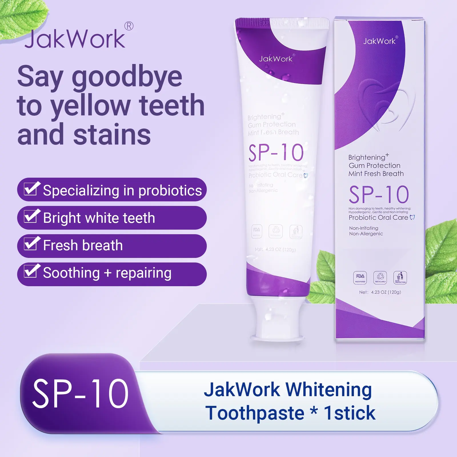 JAKWORK SP-10 Probiotic Toothpaste, Menthol Mint Flavor - Gentle Daily Oral Care for Enamel Repair, Whitening, Long-Lasting Fresh Breath (4.23 oz), Gum Health, Deep Clean