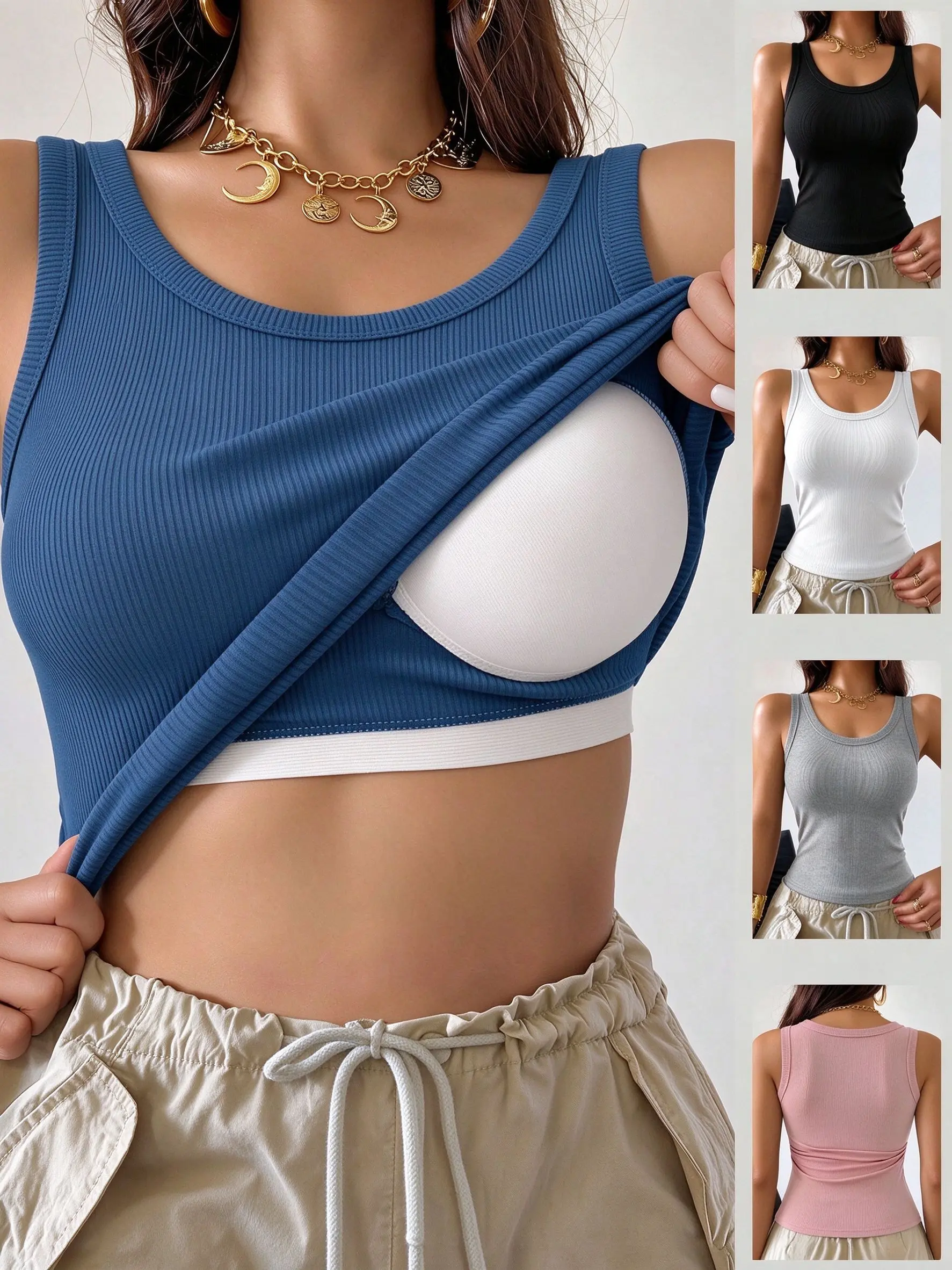 Kyxifer Women's 4-Pack Ribbed Slim-Fit Sleeveless Crew-Neck Tank Tops with Built-in Bra, Casual High-Quality Lady's Underwear (4 Random Colors)