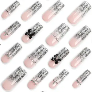 Press on Nails Long Square, Black Lace Y2K Vintage Evening Prom Party Fake Nail, Artificial Stick On Nails for Women and Teen Girls 24 pcs