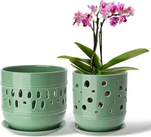 Ceramic Orchid Pot, 5+6 Inch Orchid Pots with Holes, Promoting Air Circulation and Drainage, Indoor/Outdoor Flower Pots - Pea Green