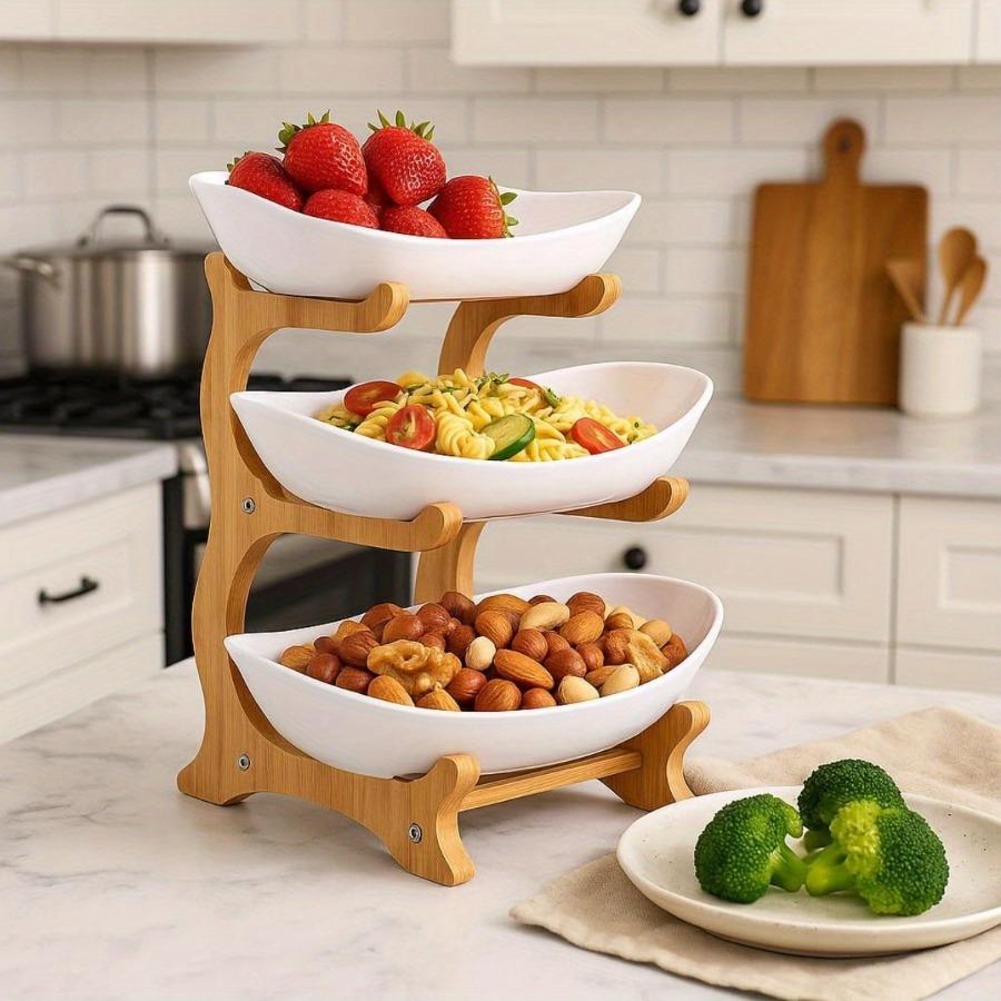 Wood Suitable for Living Room & Kitchen, 2-Tier/3-Tier Large Capacity Fruit Storage Shelf & Snack Organizer - Natural Oval Space-Saving Rack with Easy Assembly, Multi-Shelf for Fruits, Plates, Dishes, Home Decor (No Revision)