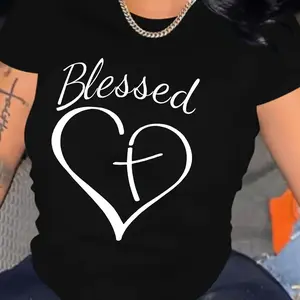 Blessed Heart & Cross Print T-shirt, Crew Neck Short Sleeve T-shirt For Valentine's Day Gifts, Women's Clothing