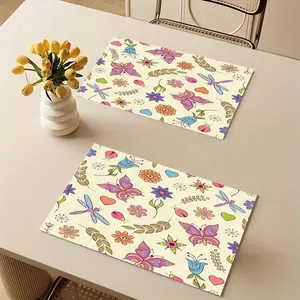 2/4/6/8pcs Colorful Floral Butterfly Heart-Shaped Placemats, Durable Daily Home Decor, Contemporary Style, Machine Made