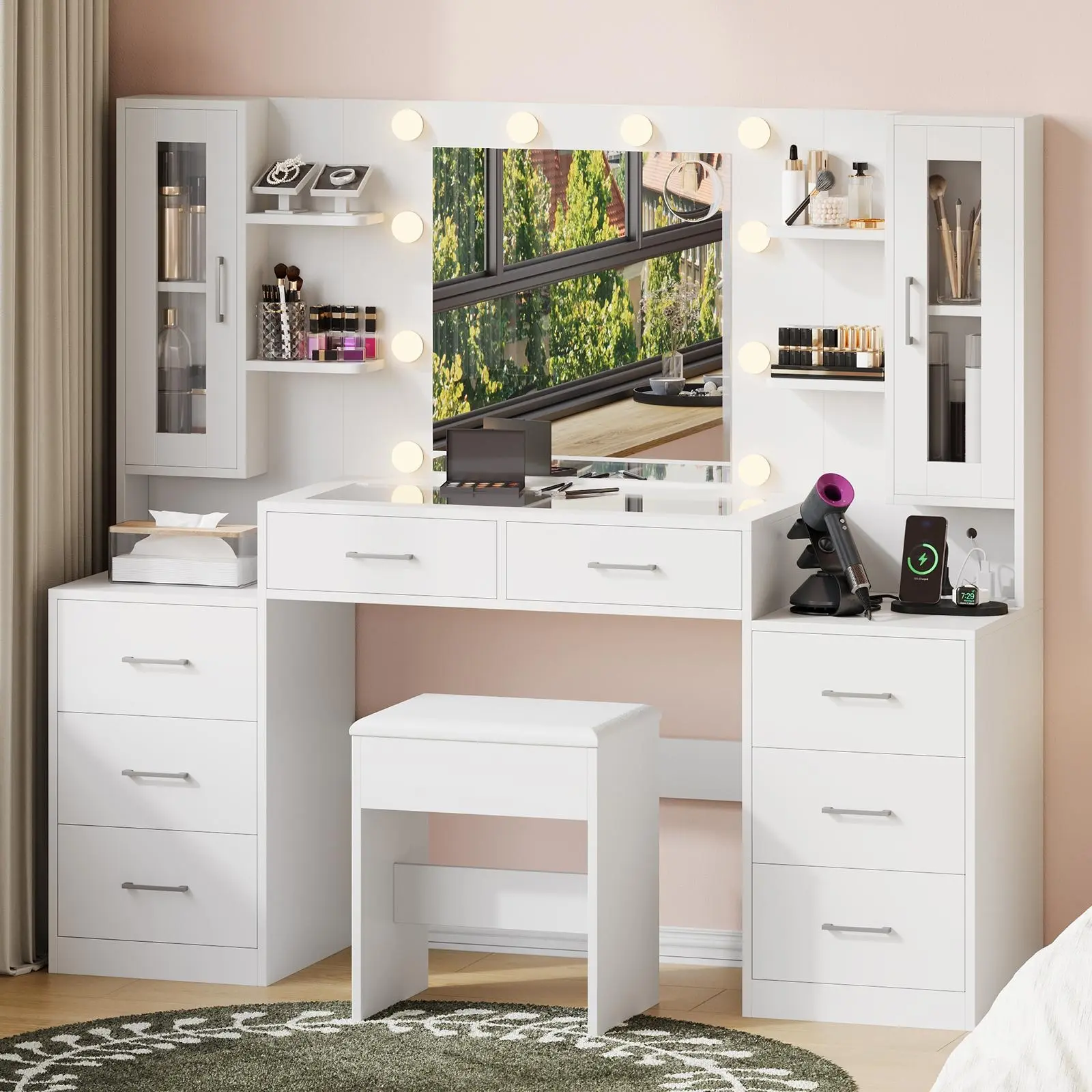 FUSOU 59'' W Vanity Desk with Mirror and Lights, [Shipping by 2 Packages] ,Large Makeup Vanity with Power Outlet, Makeup Table With Mirror 8 Drawers & 2 Cabinets, 4 Open Shelves, 3 Lighting Modes, Glass Top Vanity with Chair for Bedroom, White