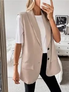 Women's Plus Size Sleeveless Casual Padded Shoulder Blazer Jacket, Stylish Office & Daily Wear Outerwear, Comfortable Fit Design