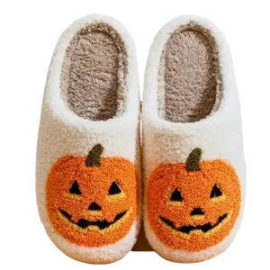 Matching Plush Slippers for Couples, Cute Cartoon Pumpkin Indoor House Shoes, Soft Fur Lined Winter Slippers