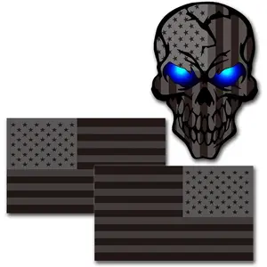 3 Pack 5.1"Reflective All Black American Flag Sticker, Skull Decal with Black US Flags, UV Fade Resistant  Car Flags Stickers for Trucks Jeep Van Women Men Motorcycle Laptop Skateboard Bike Bumpe