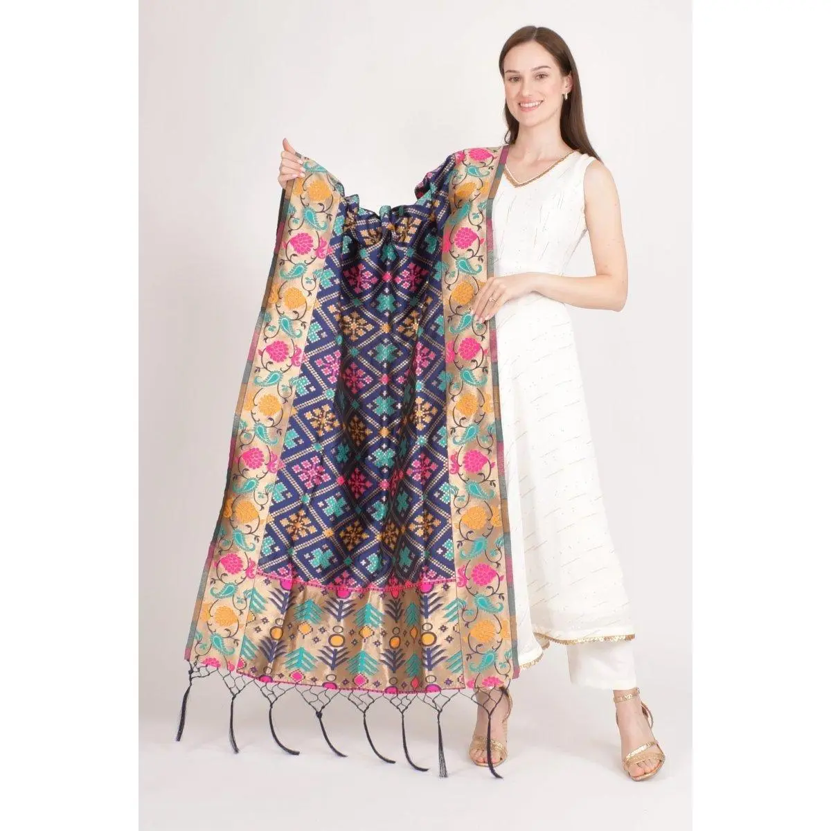 Blue Jacquard Polyester Dupatta With Tassels
