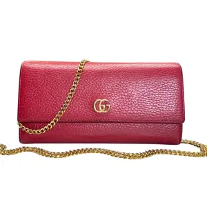 Pre-owned GUCCI Calfskin Small Leather Goods Red Grained Leather GG Marmont Wallet with Chain