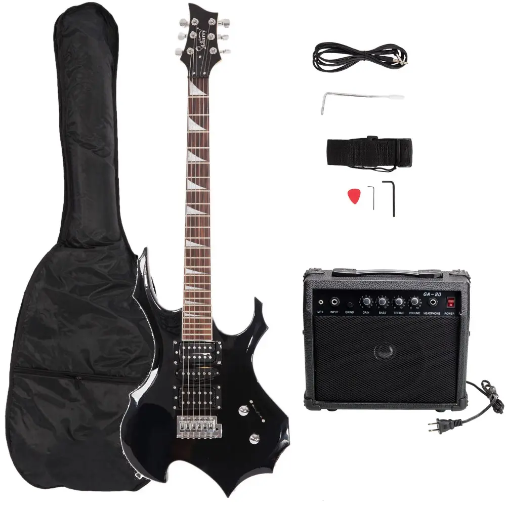 Flame Shaped Electric Guitar with 20W Electric Guitar Sound HSH Pickup Novice Guitar Audio Bag Strap Picks Shake Cable Wrench Tool
