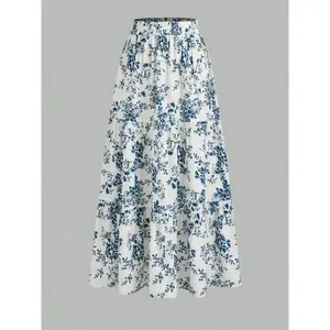 Vintage Floral Print Elastic Waist Pleated Hem A-Line Skirt Bottom, Women's Casual Fashion Dress, Comfortable, Stylish & Fit Elegance Design, Boho, Womenswear