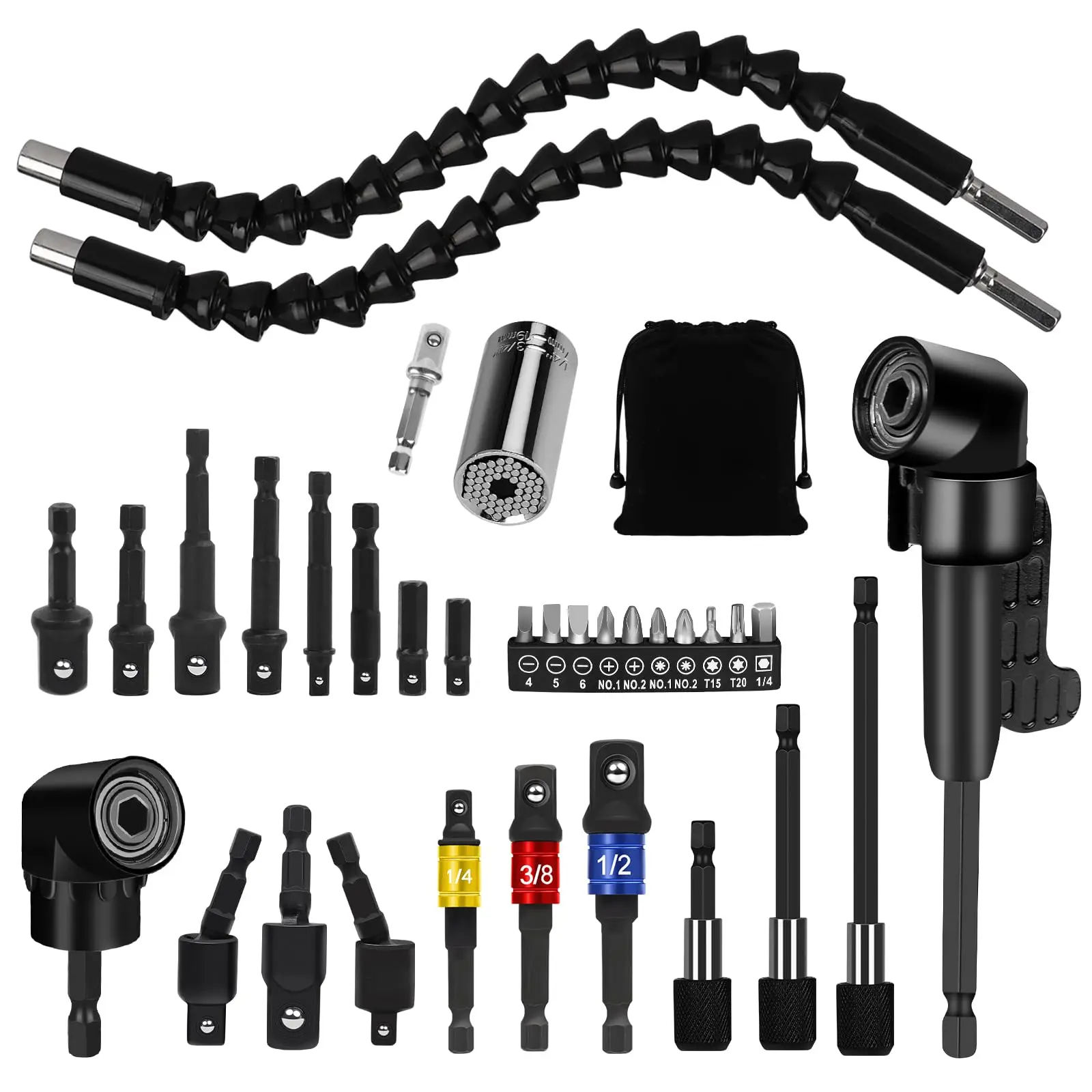 33-Piece Flexible Drill Bit Extension Set, Hex Shank Right Angle Drill Bit Attachment, Rotatable Joint Socket 1/4 3/8 1/ 2inch , Universal Socket Wrench, Drill Bit Holder and Screwdriver Set
