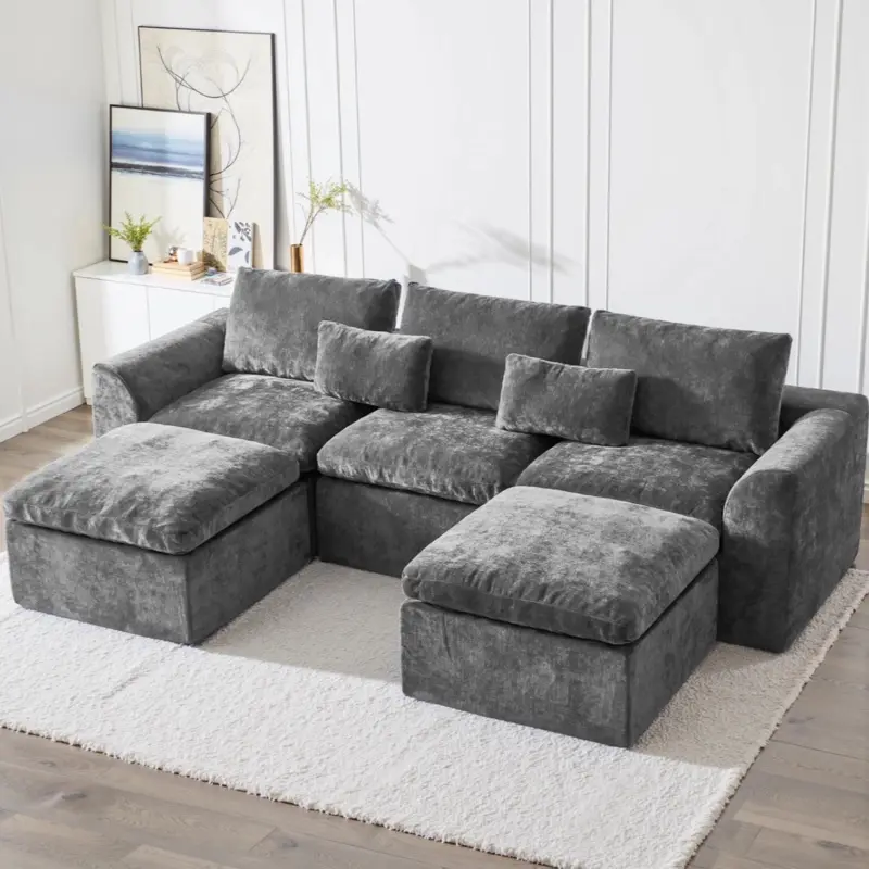 120" U-Shaped Modular Cloud Sofa 5-Seater Chenille Couch w/2 Movable Ottomans