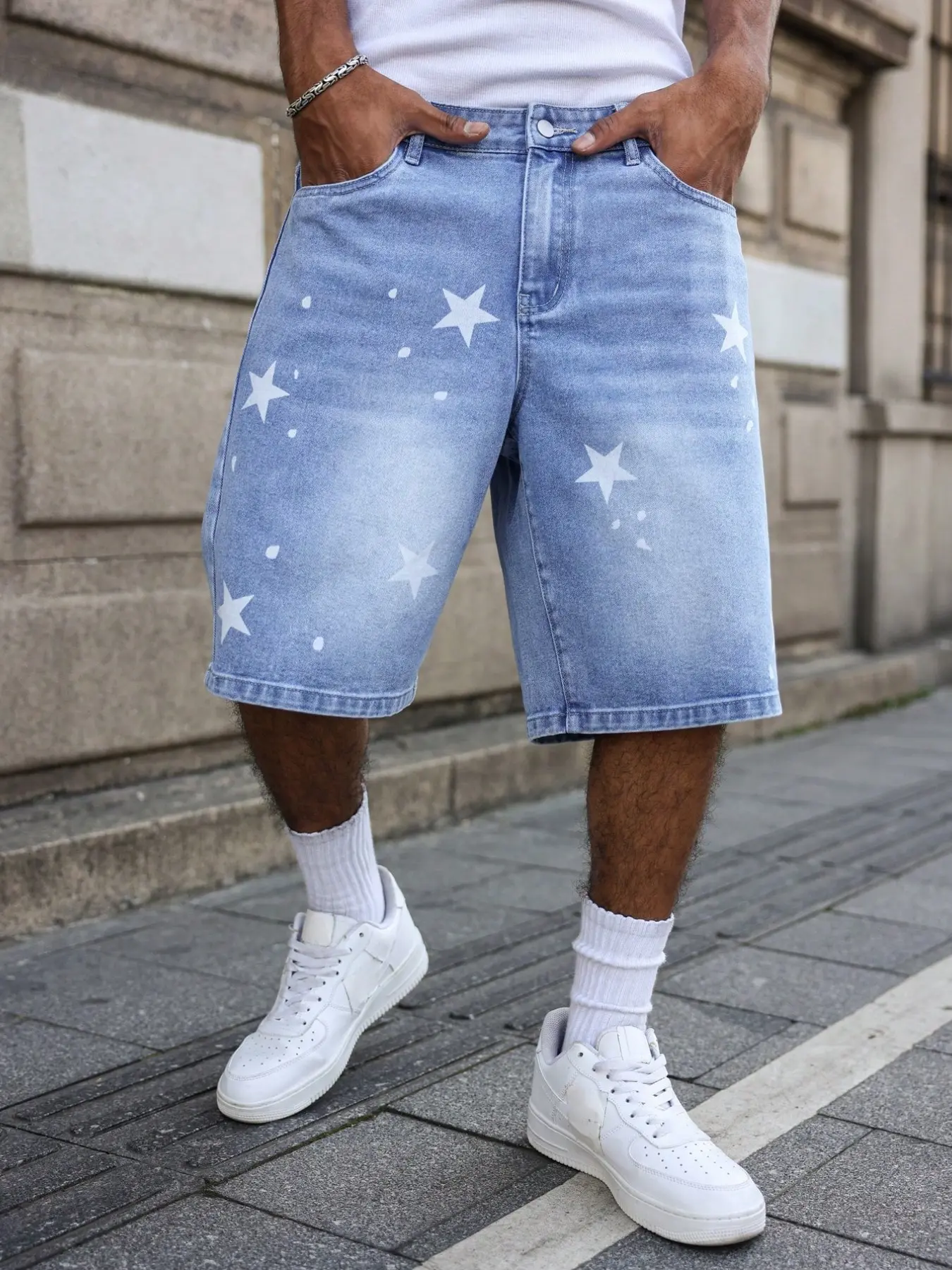 Unisex Star Print Denim Shorts, Vintage, American High Street Baggy Washed Jorts, Viral TikTok Pick for Street Style, Skate Outings, Y2K Fits, Music Festivals, Gradient Wash + Star Print + Wide-Leg Fit, TikTok Viral Apparel, Denim Jorts, Streetwear