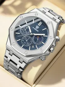 Octagonal Business Style Watch, Luminous Calendar, Waterproof, Analog Face, Quartz Movement, Stainless Steel Case, All Seasons