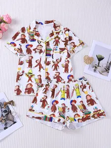 Curious George Cartoon All-Over Print 2-Piece Pajama Set Pjs for Women, Cute Monkey Pattern Lapel Short Sleeve Top with Pocket & Elastic Waist Shorts, Soft Comfortable All-Season Casual Daily Loungewear Sleepwear