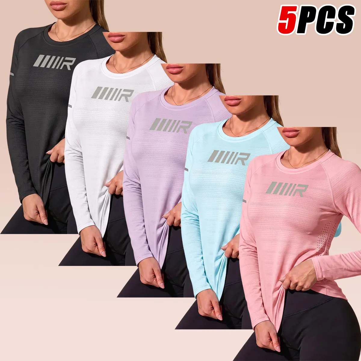JOGWAVE Women’s 5PCS Solid Color Slim-Fit Sports T-Shirt Set, Crew Neck Stretch Female Activewear, Plus Sizes XS-XL, for Yoga & Gym, Casual Fitness Essential