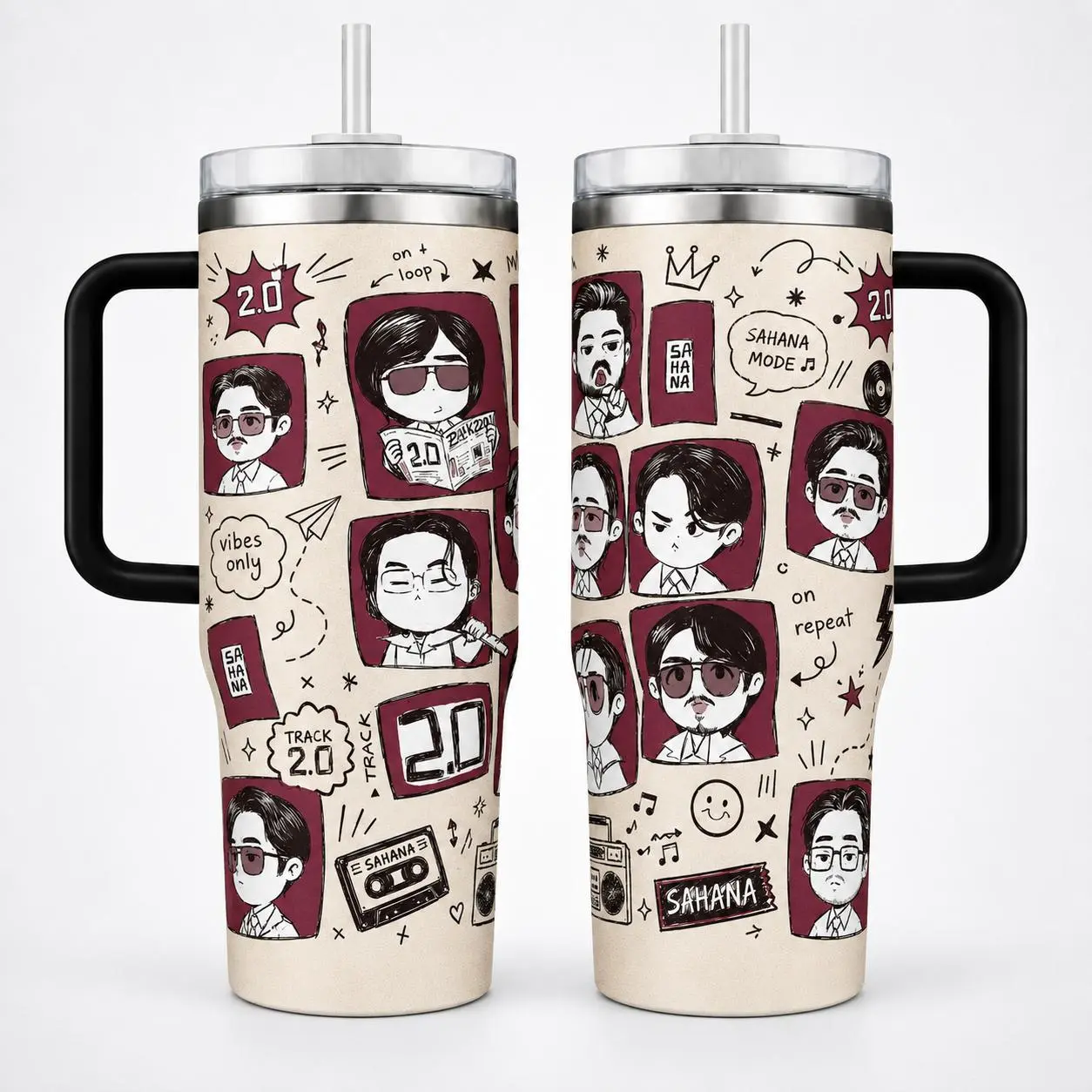 Kpop Idol Army Style 40oz Tumbler with Handle, Purple Boy Band Doodle Fan Art Cup, Music Lover Gift for Kpop Fans