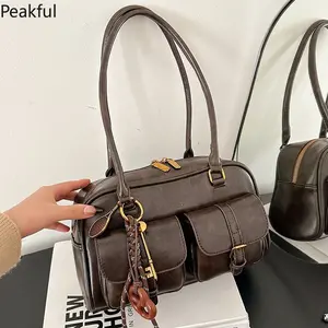 Y2K Vintage Brown Boston Shoulder Handbag, Popular Retro Multi-Pocket Leather Tote Purse, Structured Satchel with Gold Accents, spacious compartments & sleek design, great for daily use, travel and adding old-money vibes