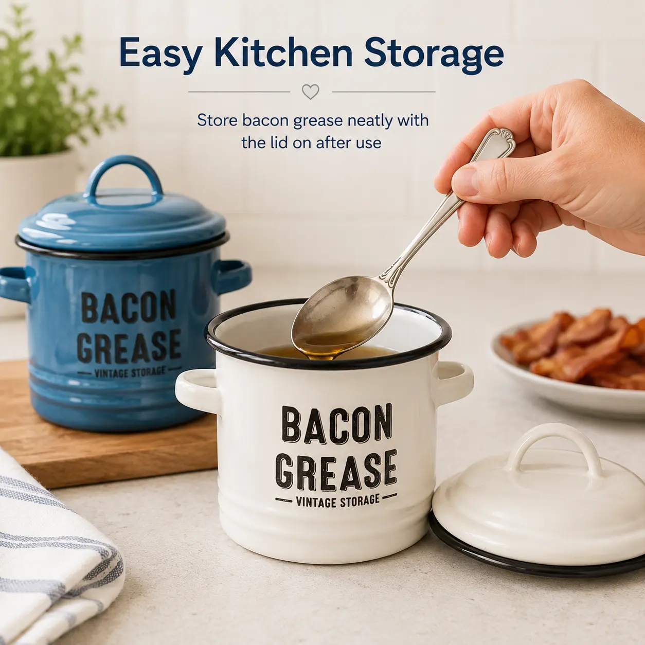 Vintage Enamel Bacon Grease Container with Lid - 1.2L Kitchen Tableware Bowls, Grease Keeper Pot with Side Handles for Cooking Oil Storage, White or Blue