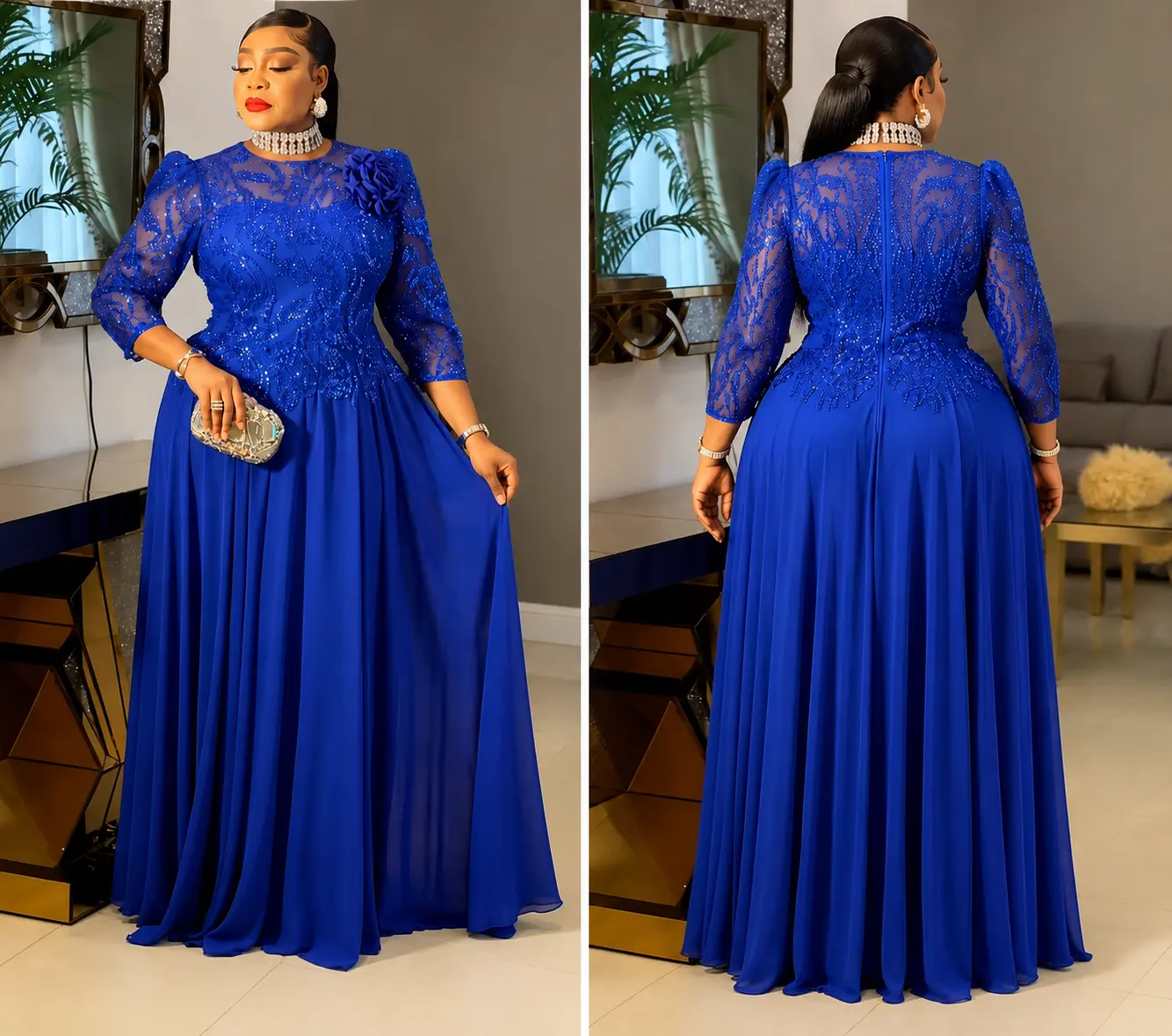 Elegant Women’s Royal Blue Floor-Length Party & Evening Dress | Sequin Lace Formal Gown