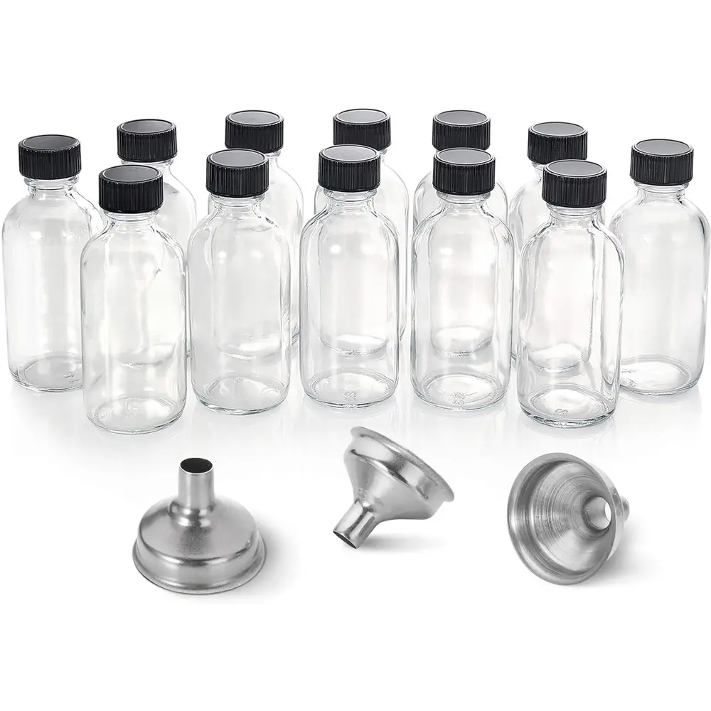 12 Pack, 2 oz Small Clear Glass Bottles w/ Lid & 3 Stainless Steel Funnels - 60ml Boston Sample Bottles - Mini Travel Essential or Decorative Bottles for Potion, Juice, Wellness, Ginger Shots, Whiskey