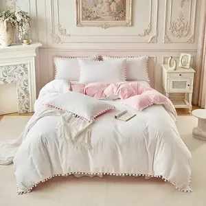 Dreamy Pink and White Double-Sided duvet cover Set, Comfy bed sets - 2/3 Set (1 duvet cover + 1/2 pillowcase), with ball-shaped frills design, for room decoration, suitable for all seasons, 9 sizes, suitable for bedrooms
