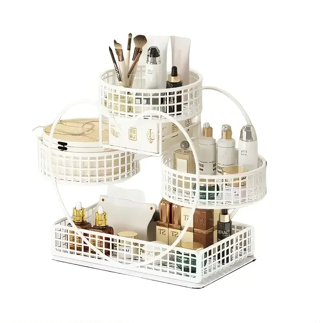 White Multi-Tiered Makeup Organizer with 3 Levels for Cosmetics and Beauty Products,4-Tier White Heart Shaped Rotating Desktop Makeup Organizer with Tissue Box, No Drill Multi Layer Skincare Storage Rack for Dresser and Bathroom Vanity