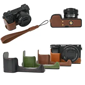 Oil Skin PU Leather Camera Half Body Case For Sony A6400 A6300 A6000 A6100 Battery Opening Bottom Cover WIth Hand Strap