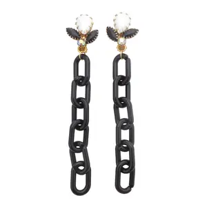 Black and white teardrop and black long chain clip on earrings