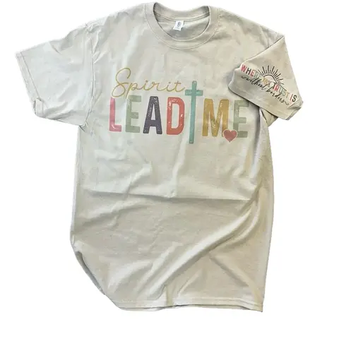 Women's Soft Stylish Casual Round Neck Short Sleeve Tee - "Spirit Lead Me" Print on Sleeve, Ash Gray or Sand Colors