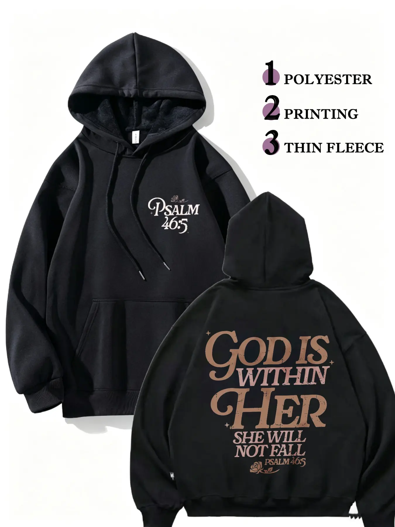 Vintage Rose Psalm 46:5 God Is Within Her Hoodie For Women, Double Sided Religious Inspirational Graphic Pullover Sweatshirt, Soft Casual Everyday Long Sleeve Top