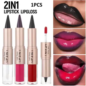 Double Headed 2-in-1 Mouth Red Lip Line Lipstick Matte Hook Line Lipstick Glossy Mirror Gloss Moisturizing, Hydrating and Long-lasting Lip Gloss Makeup Festival Party Music Festival Makeup Gift Sparkly Lipstick