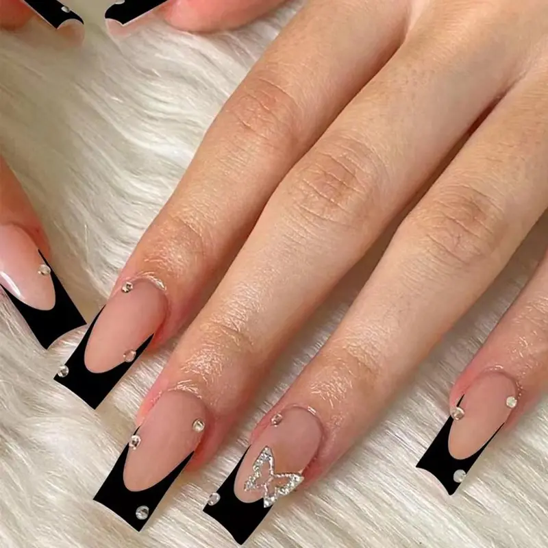 Butterfly Decor Fake Nails with Nail File & Jelly Glue, 24pcs/set French Style Press on Nails for Women & Girls DIY Nail Art, Elegant Stick on Nails Kit
